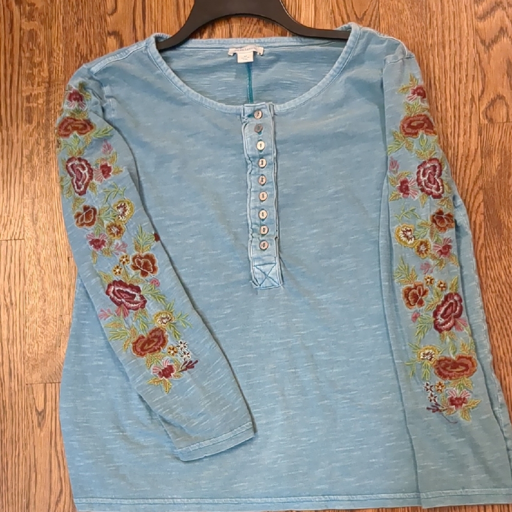 Sundance Teal Long Sleeve Embroidered Henley - Picture 3 of 8